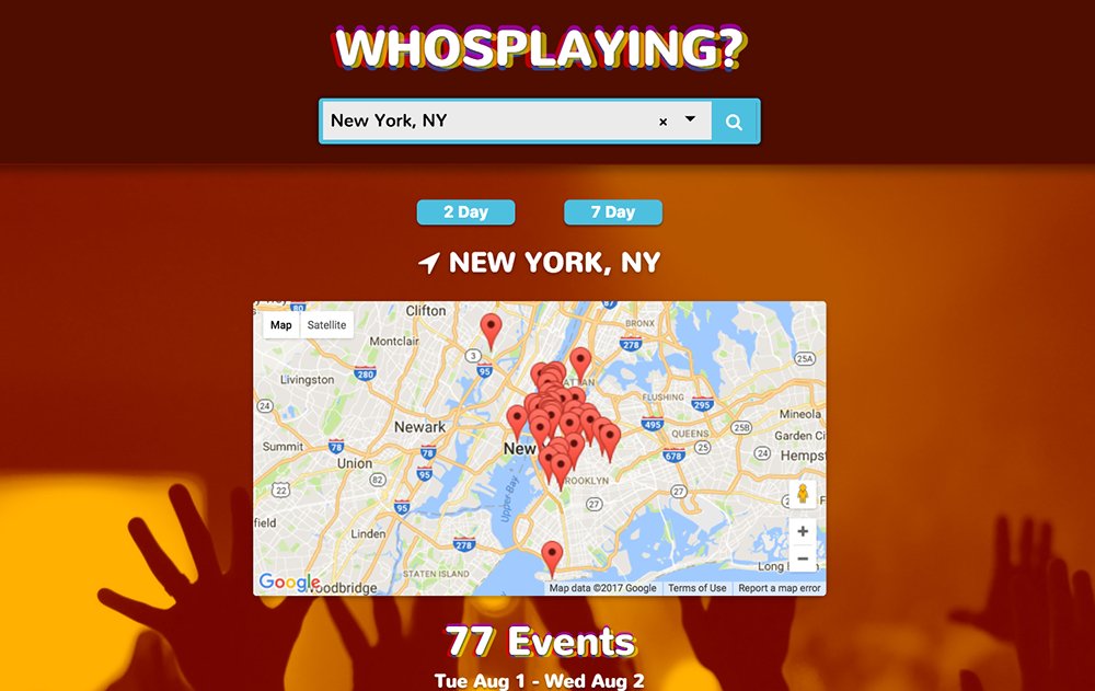 WhosPlaying Web Application | Web-app to quickly find local concerts - built in React.